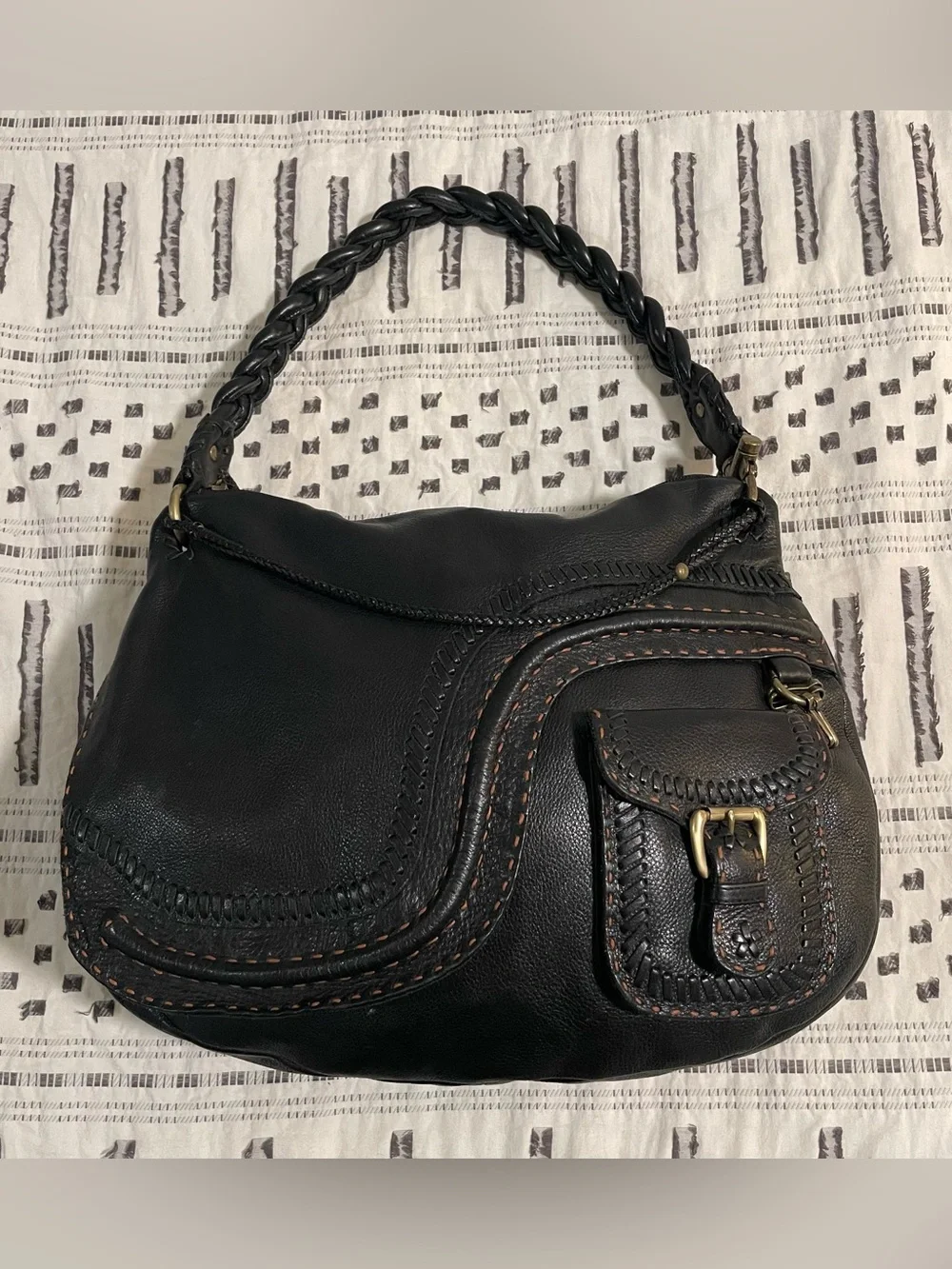 Carla Mancini Handcrafted Black Leather Boho Shoulder Bag with Braided Strap